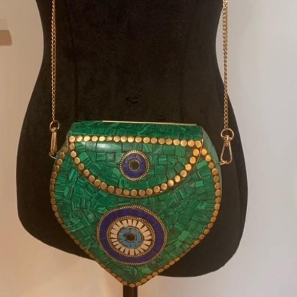RAMLA HANDMADE Green Mosaic Clutch with Blue, Gold & White Accents NWOT Designer - Picture 5 of 6